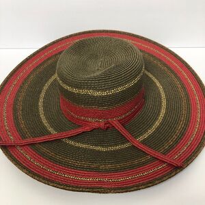 Scala Women's Wide Brim Straw Sun Hat Striped Tan/Light Brwon Red One Size